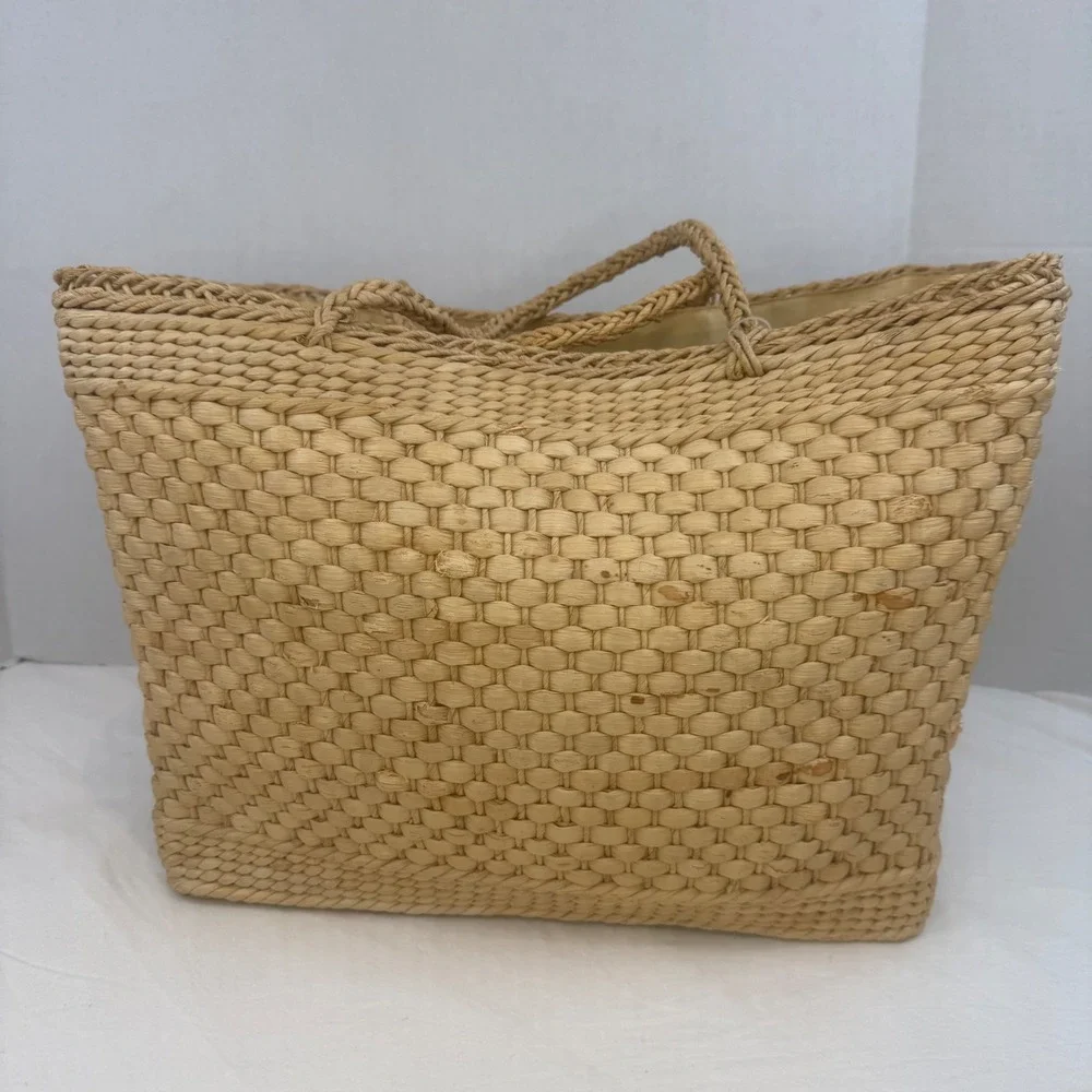 Vintage Woven Straw Tote Bag Raffia Floral Embroidery Boho Basket Beach Bag Tan - Picture 6 of 14